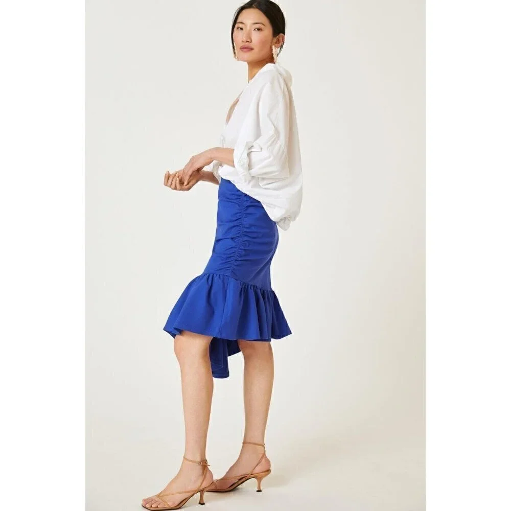 Anthropologie Maeve Slim Flounce Skirt Asymmetrical Ruffle Hem Royal Blue Small